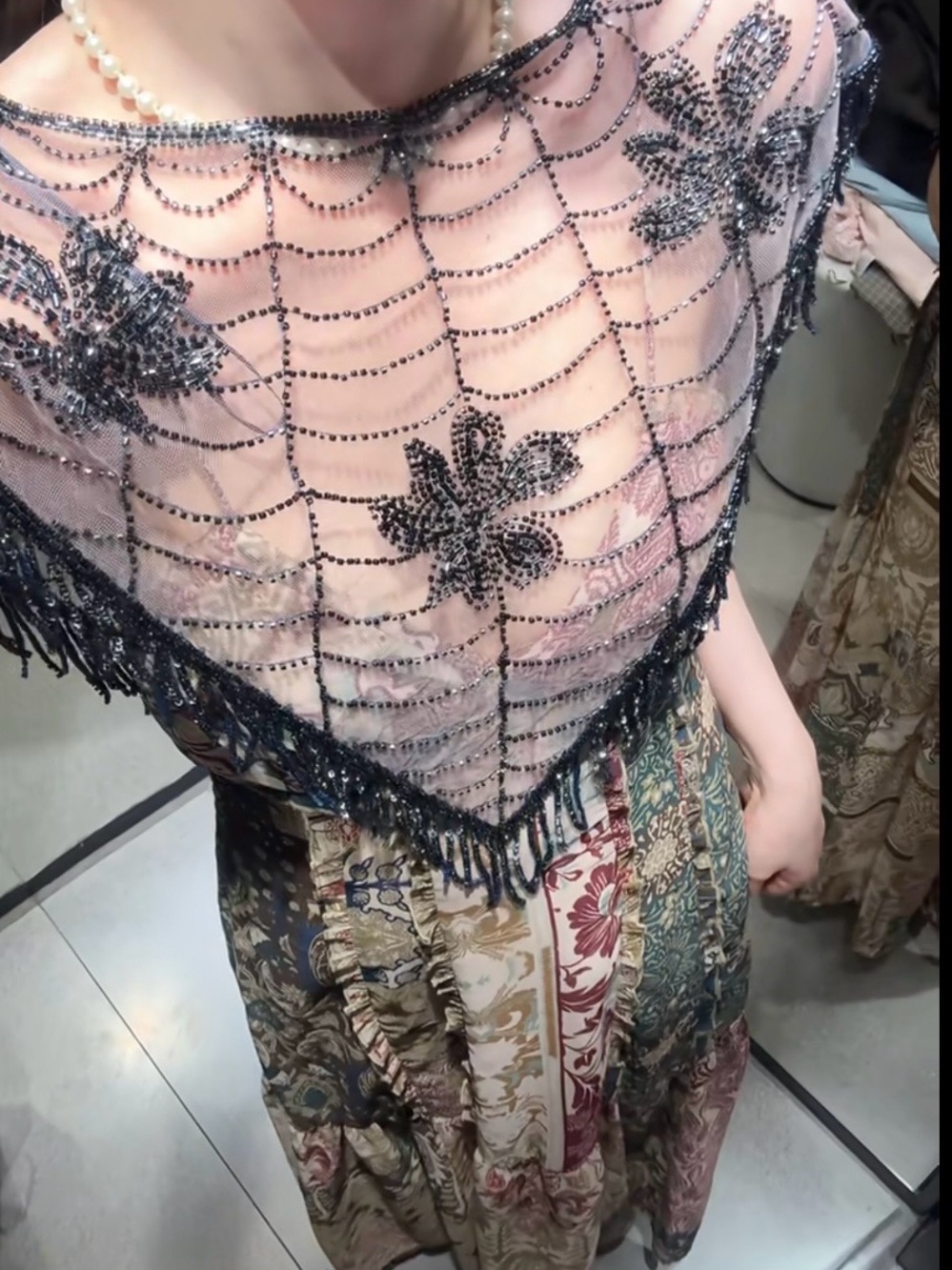 Gothic Glamour- Black Beaded Fringe Shawl & Romantic Floral Dress Set